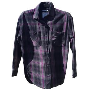 Alpine design flannel shirt women XS black purple plaid oversized hiking outdoor